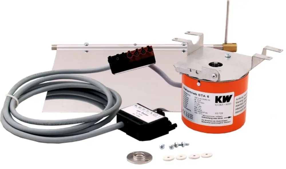 Motorgesteuerte Abgasklappe, orange mit grauen Kabeln und Steuerungseinheit, geeignet für Anwendungen mit Wolf Heizgeräten. Metallteile und Befestigungselemente liegen bei.